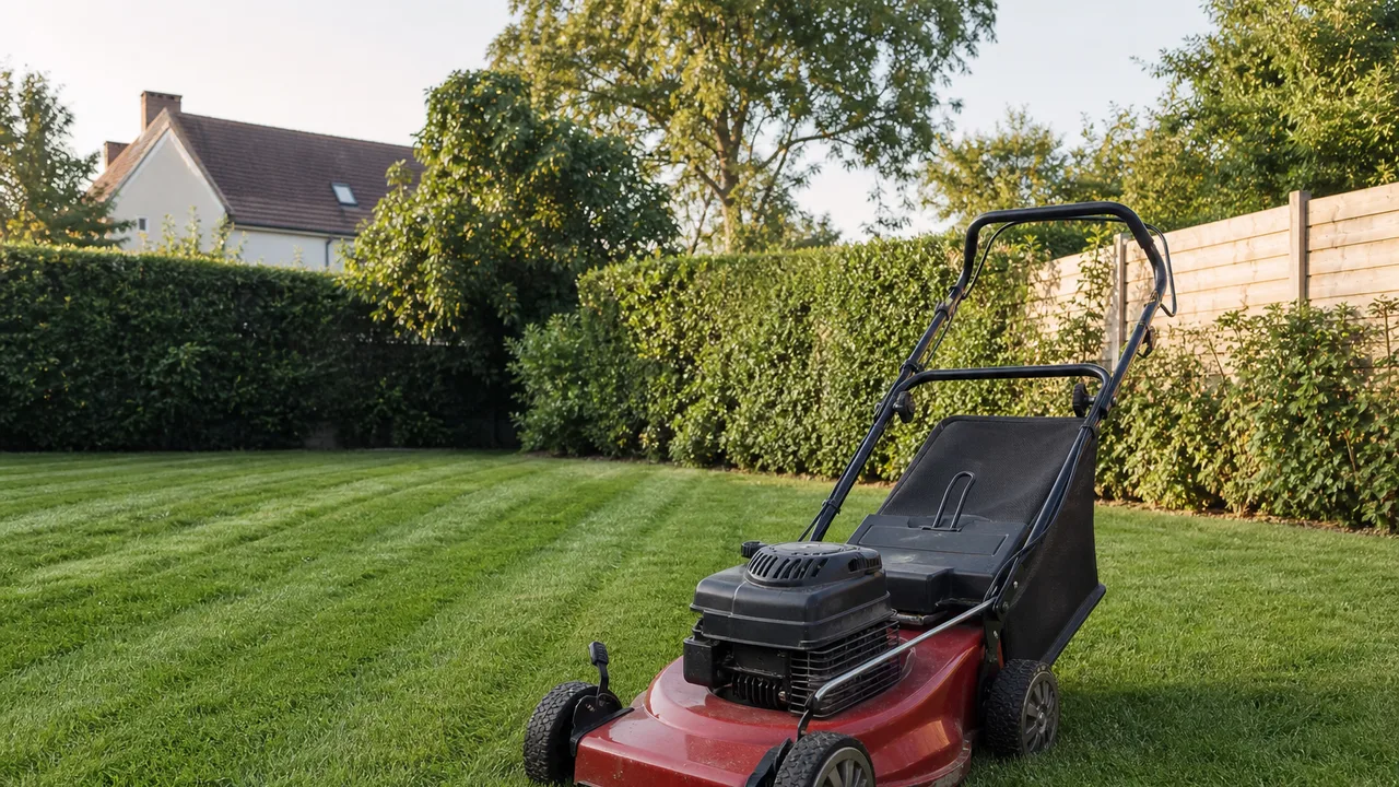 Tondeuse à gazon arrêtée sur une pelouse fraîchement tondue d'un jardin pavillonnaire, haie et clôture en arrière-plan, lumière douce du matin