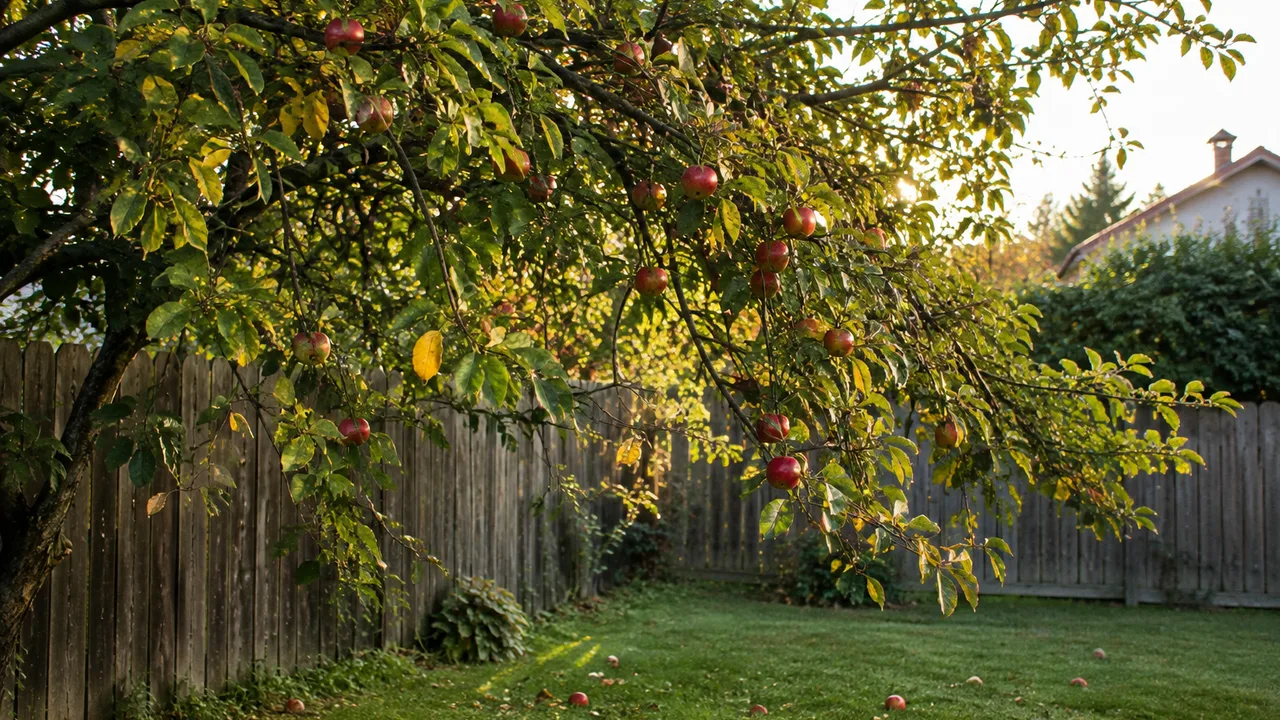Branches d'un grand arbre fruitier dépassant au-dessus d'une clôture en bois dans un jardin pavillonnaire, pommes tombées sur la pelouse, lumière douce d'automne