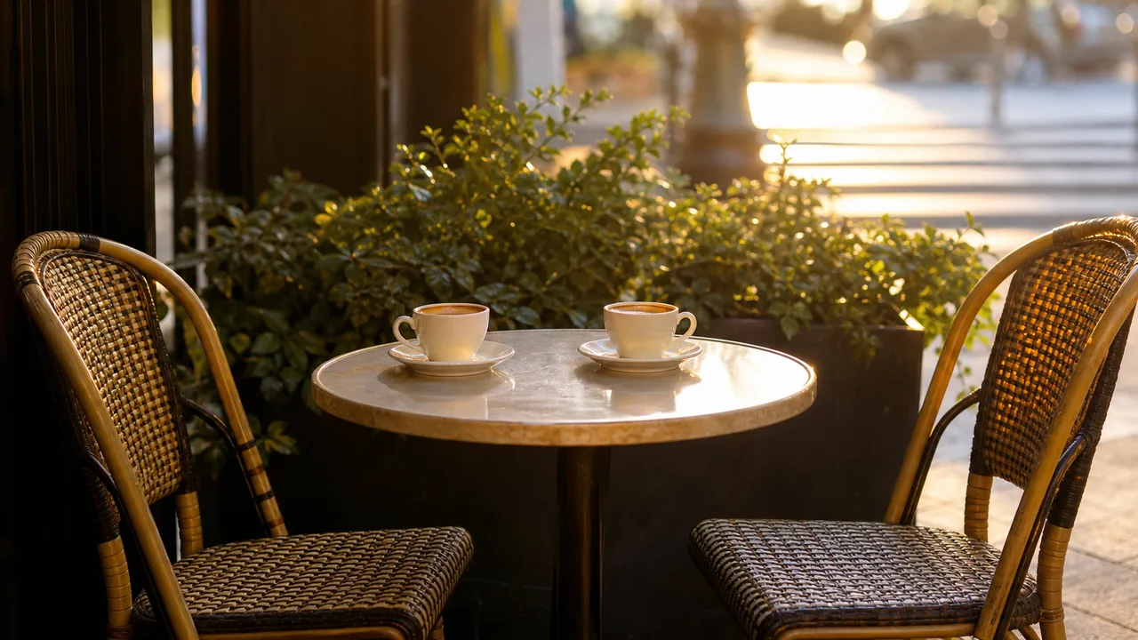 Deux tasses de café posées sur la table d'une terrasse de café en ville, chaises vides en attente, lumière dorée de fin d'après-midi