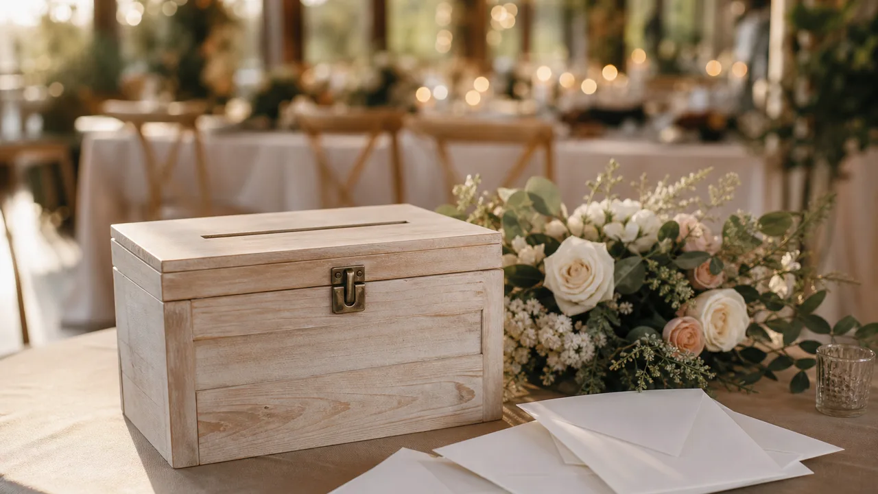 Urne de mariage en bois clair entourée d'enveloppes blanches et de fleurs sur une table de réception, lumière naturelle chaleureuse