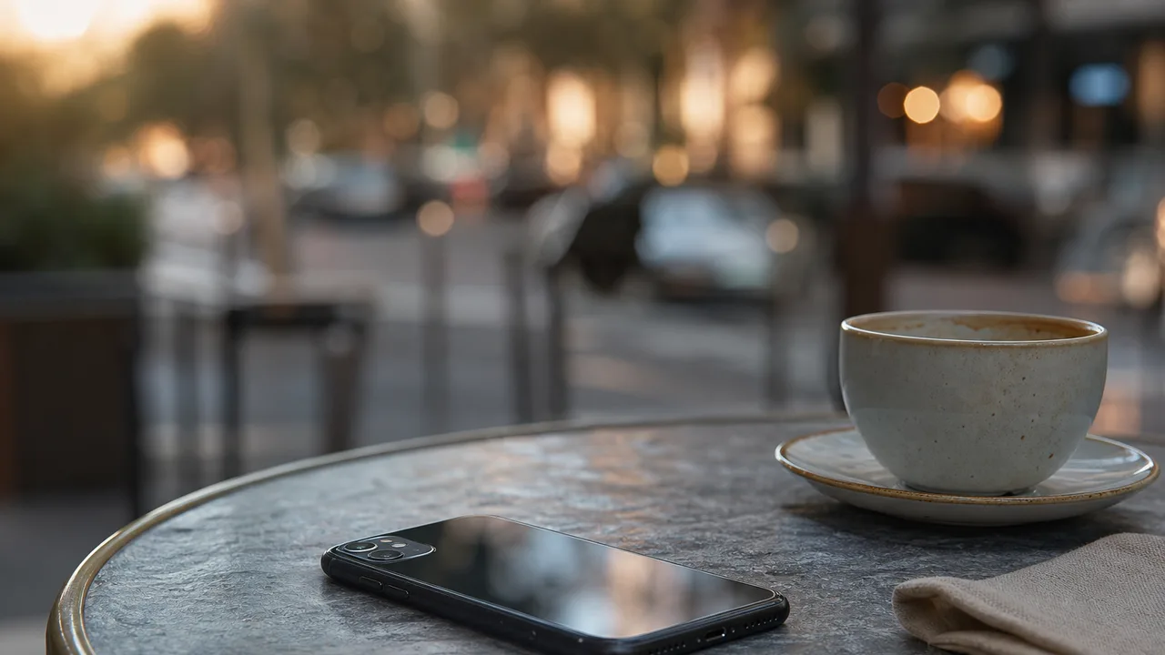 Smartphone posé sur une table ronde de terrasse de café à côté d'une tasse et d'une serviette pliée, rue floue en fin de journée, lumière douce