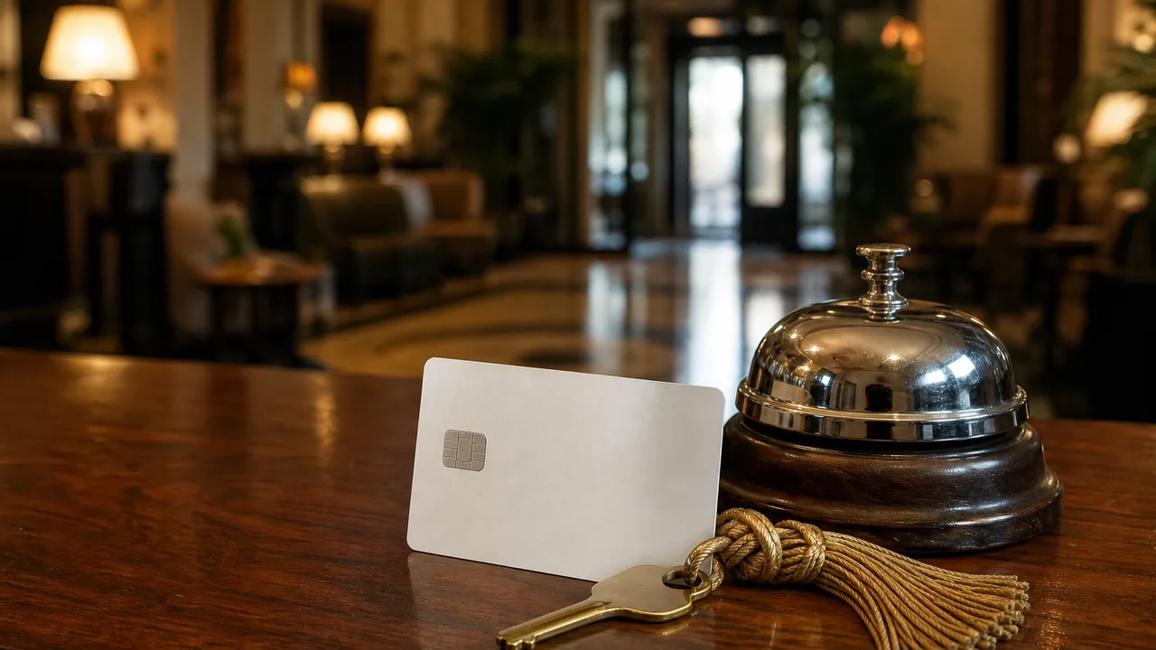 Carte bancaire posée sur le comptoir en bois d'une réception d'hôtel à côté d'une clé de chambre et d'une petite sonnette, lumière chaleureuse