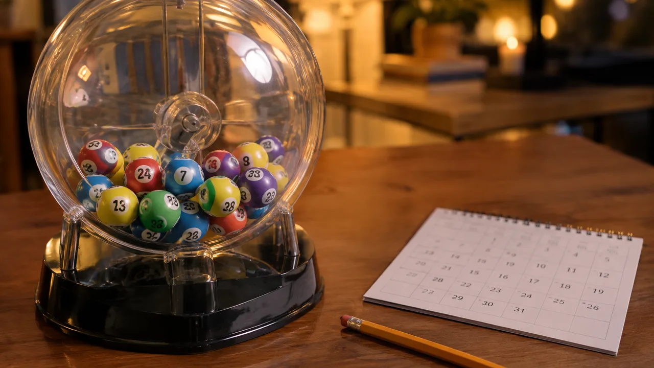 Boules de loterie numérotées colorées dans une sphère transparente de tirage, à côté d'un calendrier et d'un crayon posés sur une table en bois, lumière chaude