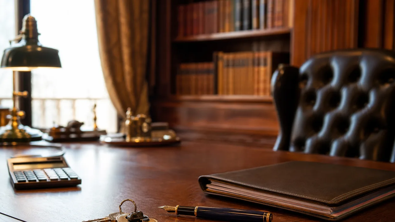 Trousseau de clés, stylo et dossier d'acte de vente posés sur un bureau en bois dans une étude, lumière naturelle de fenêtre