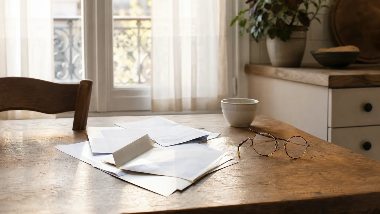 Table de cuisine avec des courriers administratifs ouverts, une paire de lunettes et une tasse de thé, lumière douce du matin à travers la fenêtre