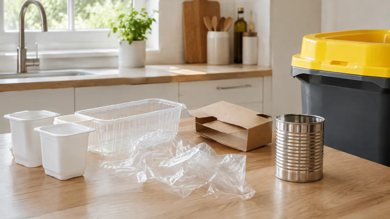 Emballages vides et propres posés sur un plan de travail de cuisine, pots de yaourt, barquette, film plastique et petite boîte en carton, à côté d'une poubelle de tri au couvercle jaune, lumière naturelle