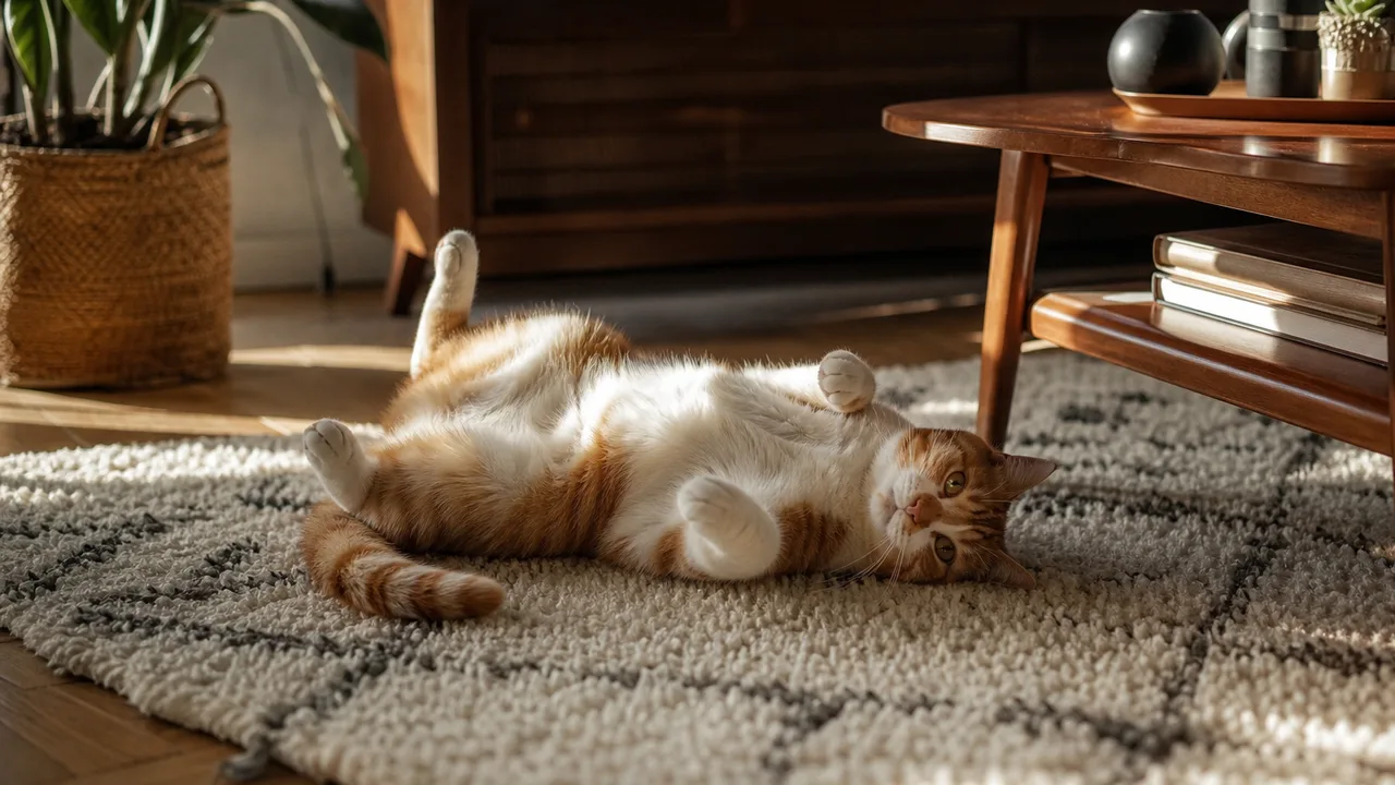 Chat allongé sur le dos sur un tapis, ventre exposé, lumière naturelle douce, intérieur chaleureux
