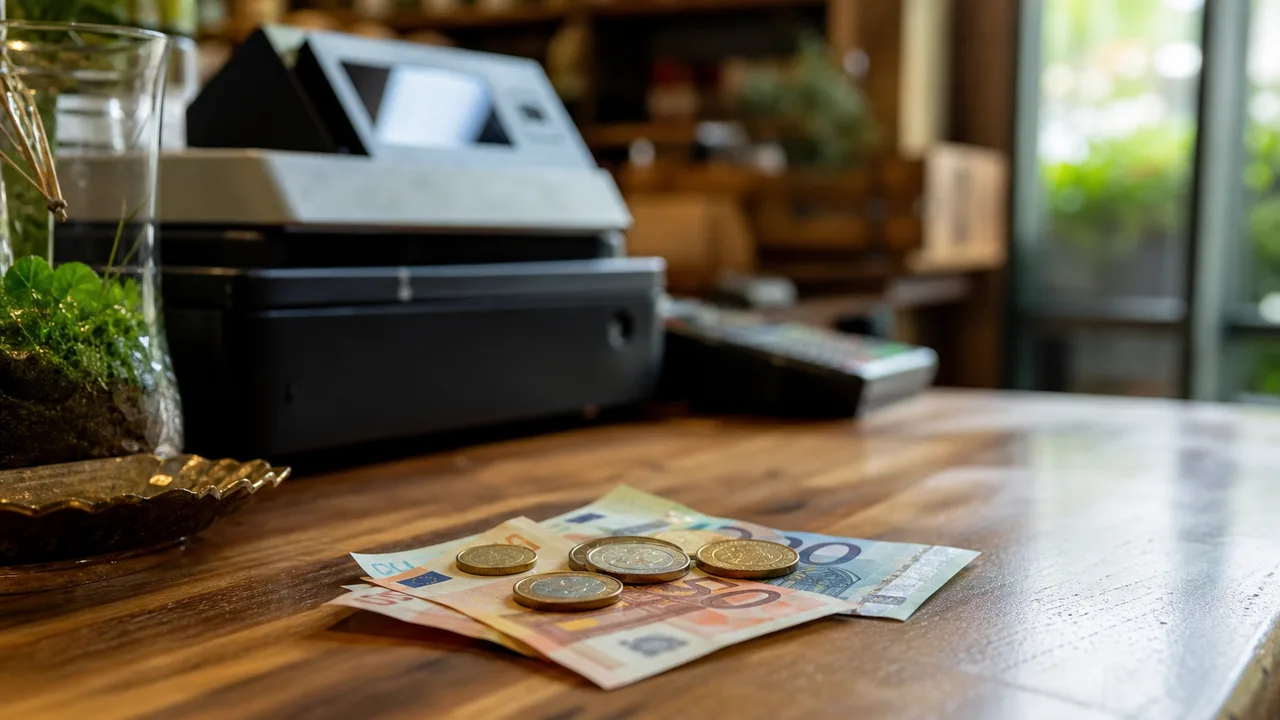 Billets et pièces en euros posés sur un comptoir de commerce, lumière naturelle douce