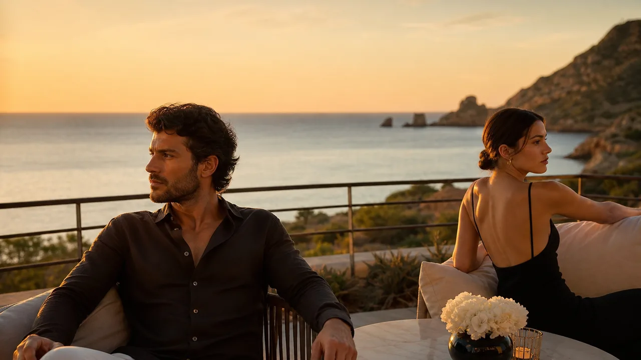Couple assis à distance sur une terrasse de vacances face à la mer, ambiance de fin de journée, lumière dorée