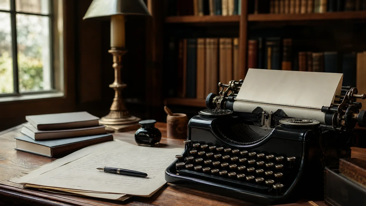 Machine à écrire ancienne posée sur un bureau en bois avec des feuilles manuscrites, lumière naturelle douce de bibliothèque