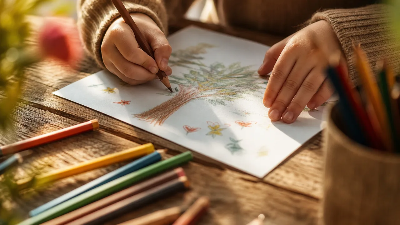 Enfant dessinant à une table, crayon dans une main, mains visibles sans visage, lumière naturelle douce