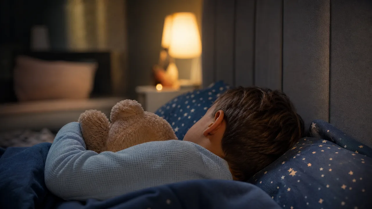 Enfant endormi paisiblement dans son lit, doudou serré contre lui, lumière douce de veilleuse