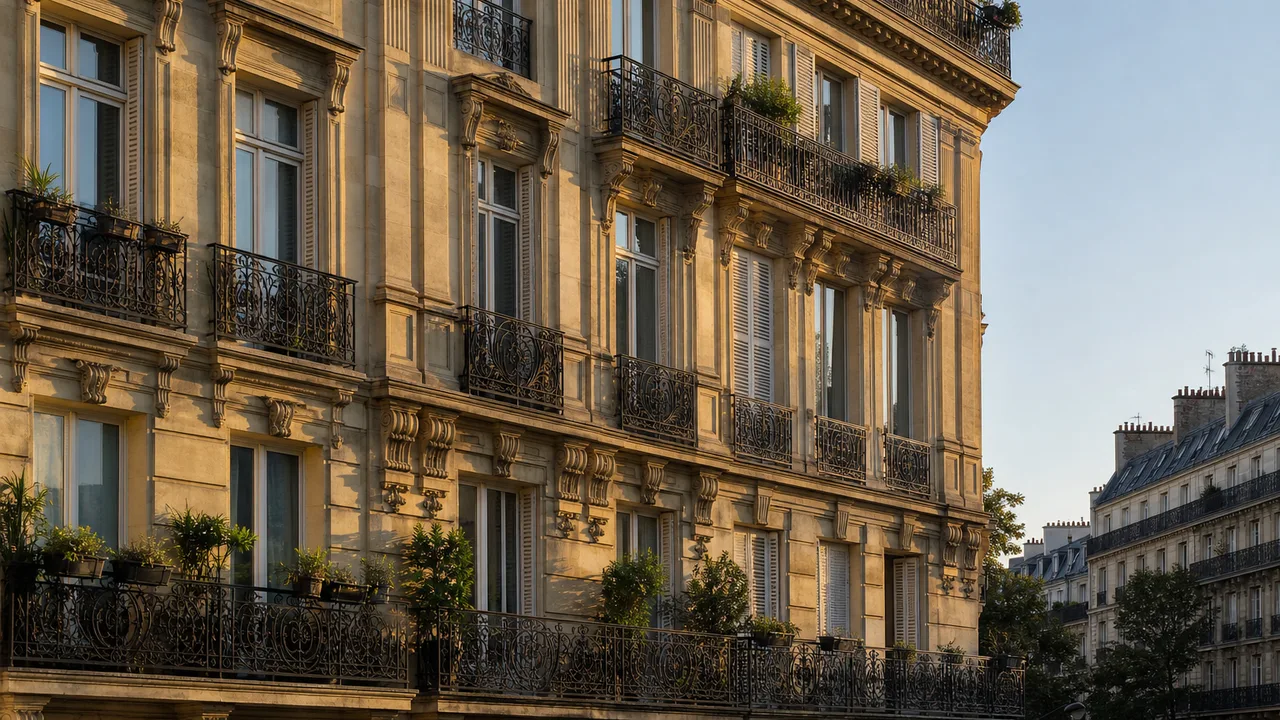Façade d'immeuble parisien avec plusieurs fenêtres à différents étages, lumière naturelle douce de fin de journée