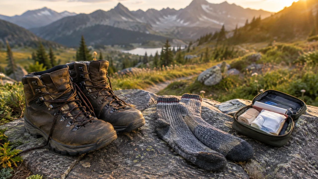Chaussures de randonnée posées sur un rocher au bord d'un sentier de montagne, chaussettes en laine étendues à sécher et petite trousse de soins ouverte, lumière dorée