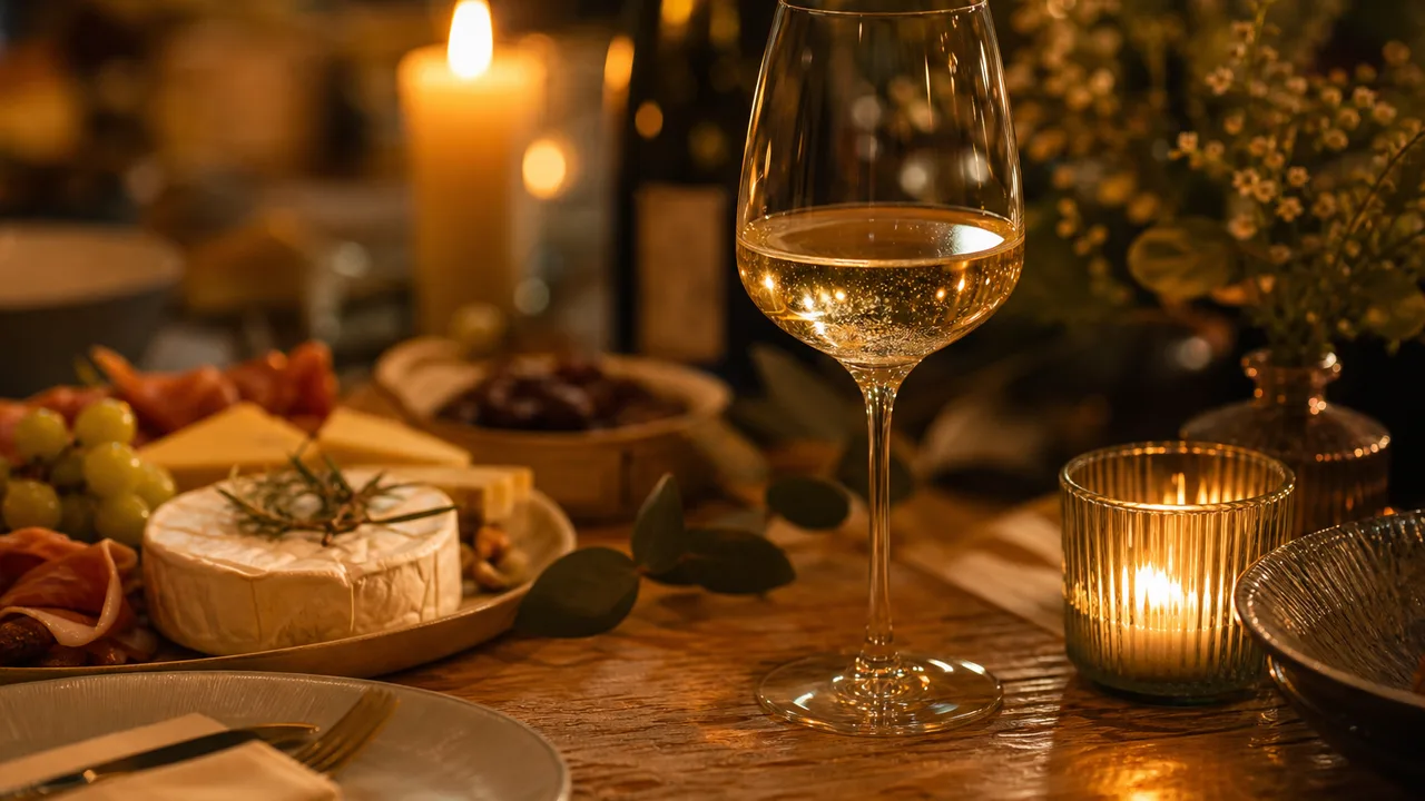 Verre de vin à moitié plein posé sur une table de dîner, ambiance de soirée conviviale, lumière chaleureuse