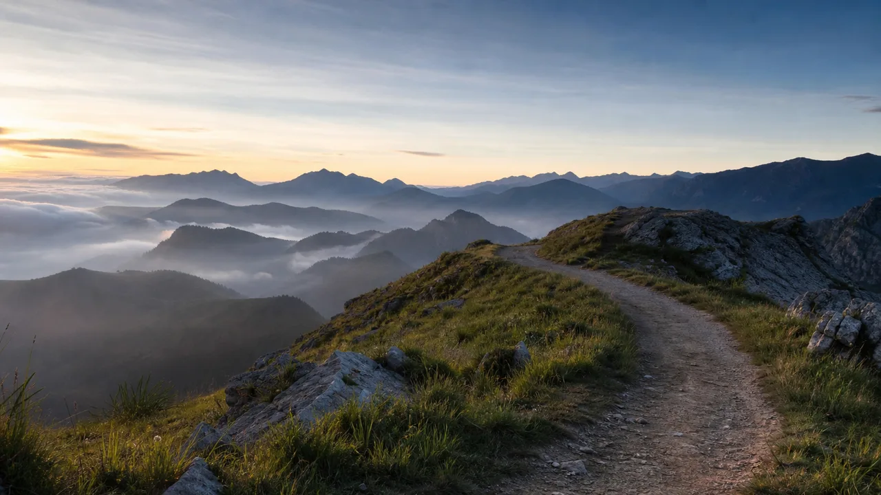 Coureur en extérieur sur un sentier au lever du jour, lumière naturelle douce et fraîche, ambiance sportive