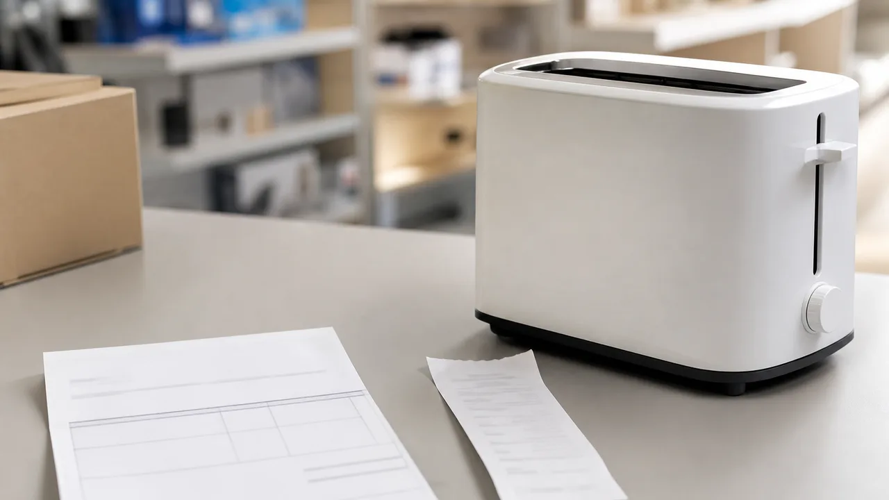 Ticket de caisse et facture posés à côté d'un appareil électroménager neuf, lumière naturelle douce de magasin