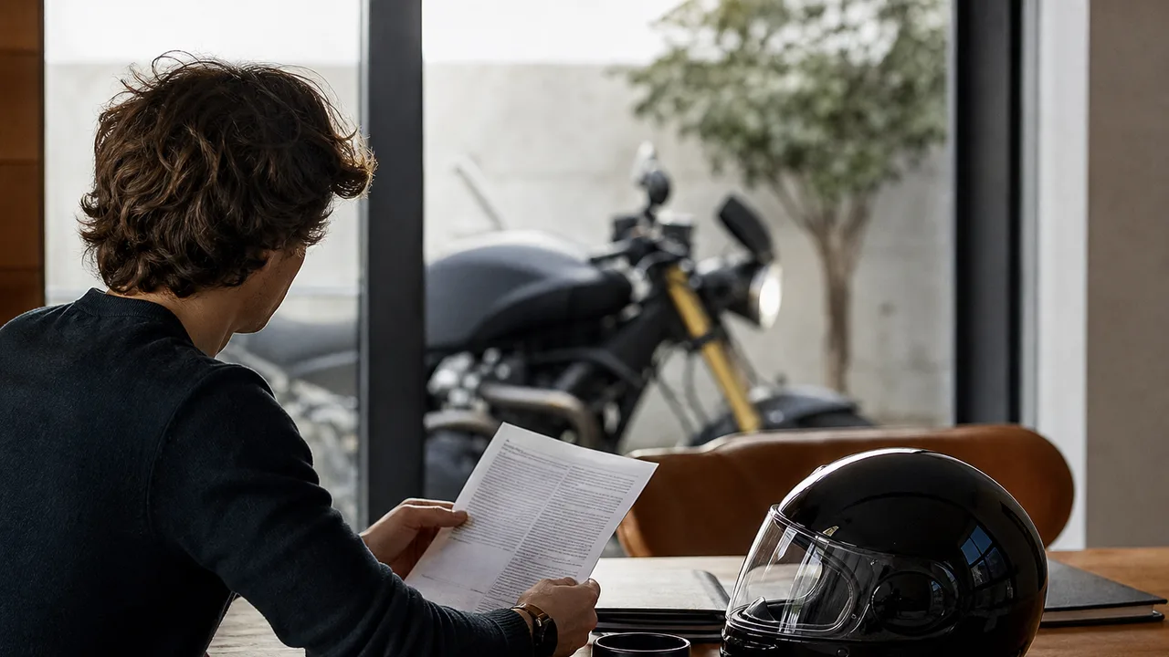 Jeune conducteur avec un casque de moto posé à côté de lui, examinant un document, lumière naturelle douce