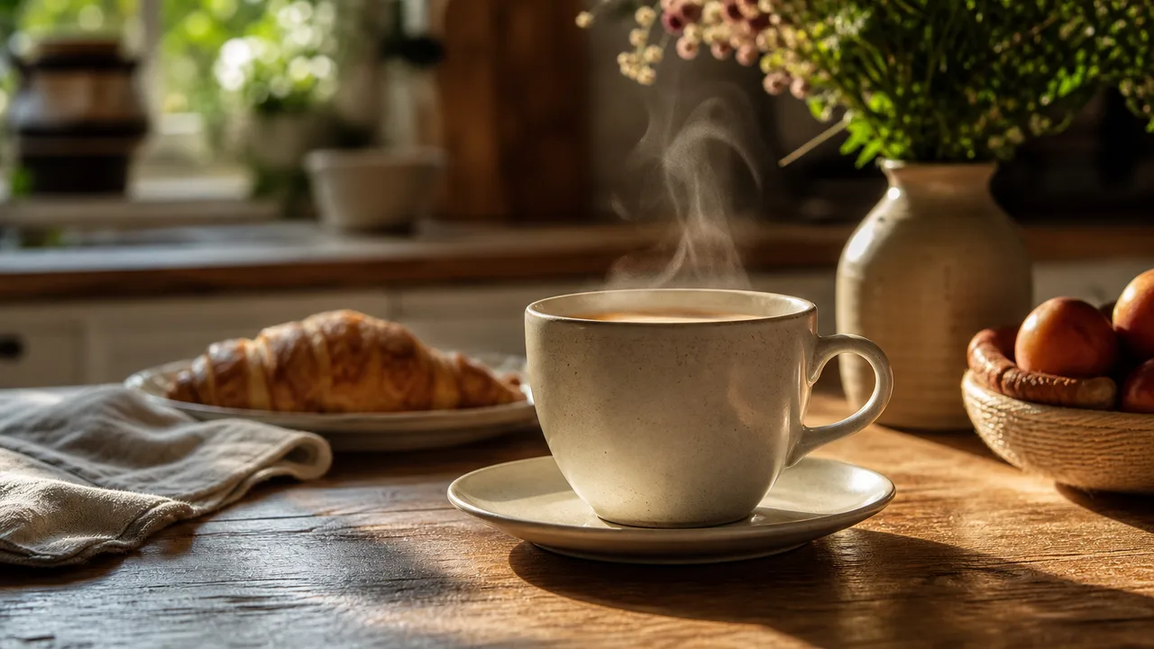 Tasse de café fumante posée sur une table de cuisine le matin, lumière naturelle douce