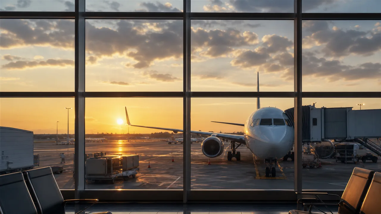 Aéroport au crépuscule avec un avion vu à travers une grande baie vitrée, lumière naturelle douce de fin de journée