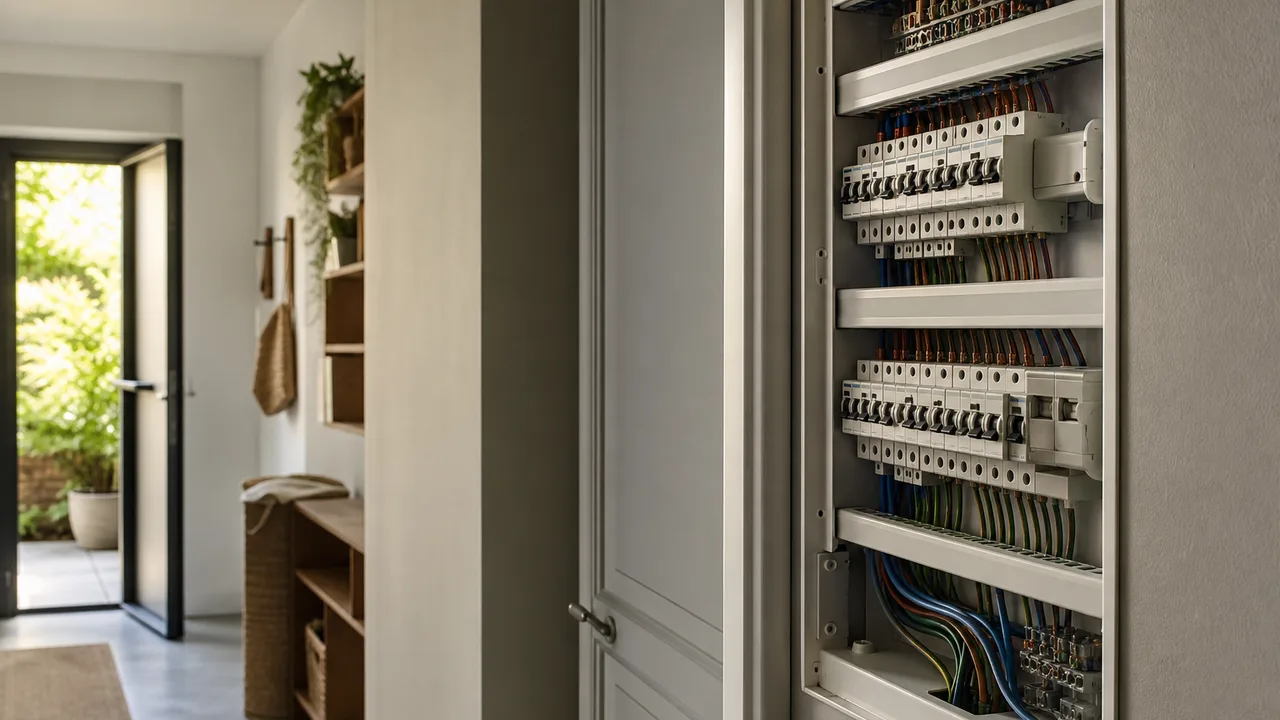 Tableau électrique domestique avec disjoncteurs visibles, lumière naturelle douce d'un couloir