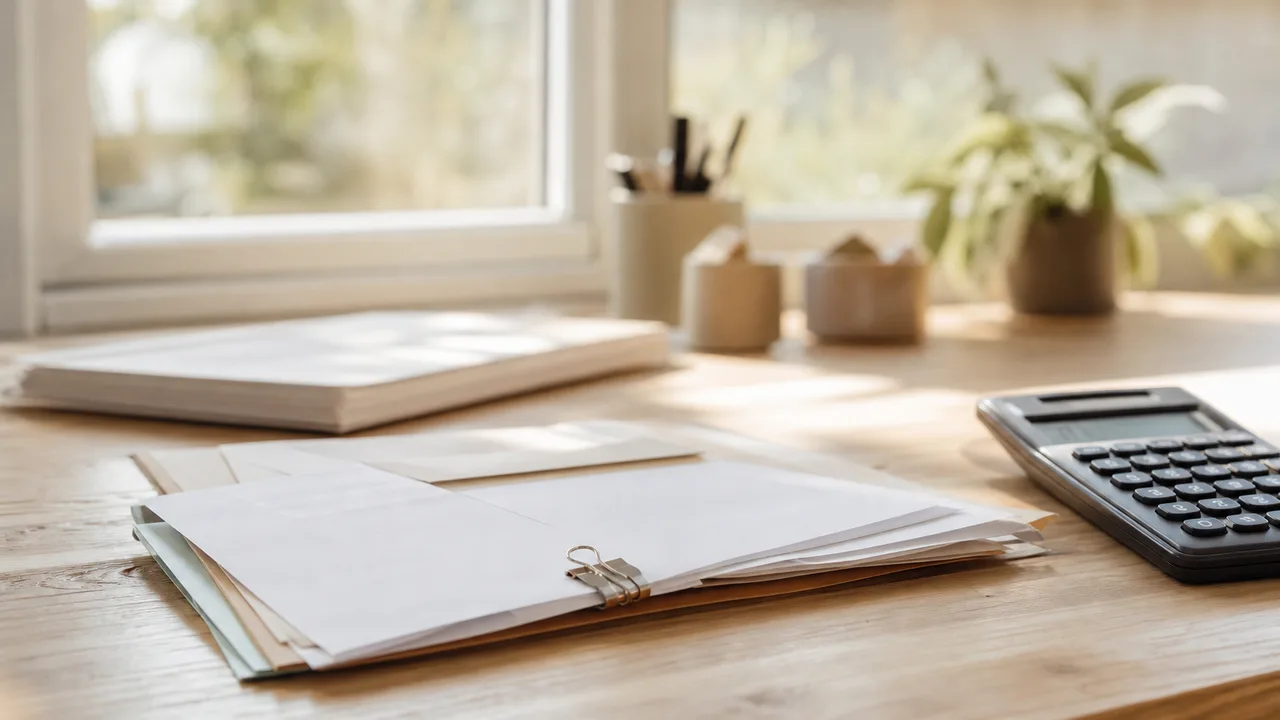 Documents administratifs de retraite et calculatrice posés sur une table en bois, lumière naturelle douce