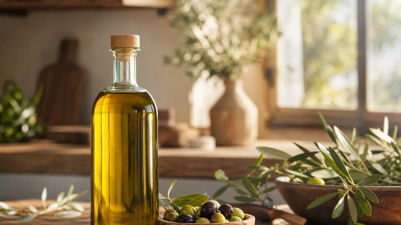 Bouteille d'huile d'olive posée sur une table en bois à côté d'olives fraîches, lumière naturelle chaude de cuisine