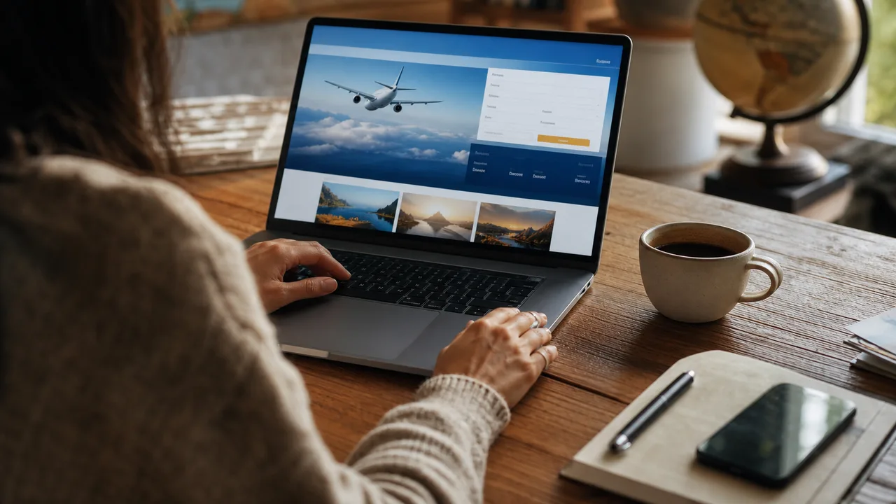 Personne consultant un site de réservation de vols sur un ordinateur portable, tasse de café à côté, lumière naturelle douce