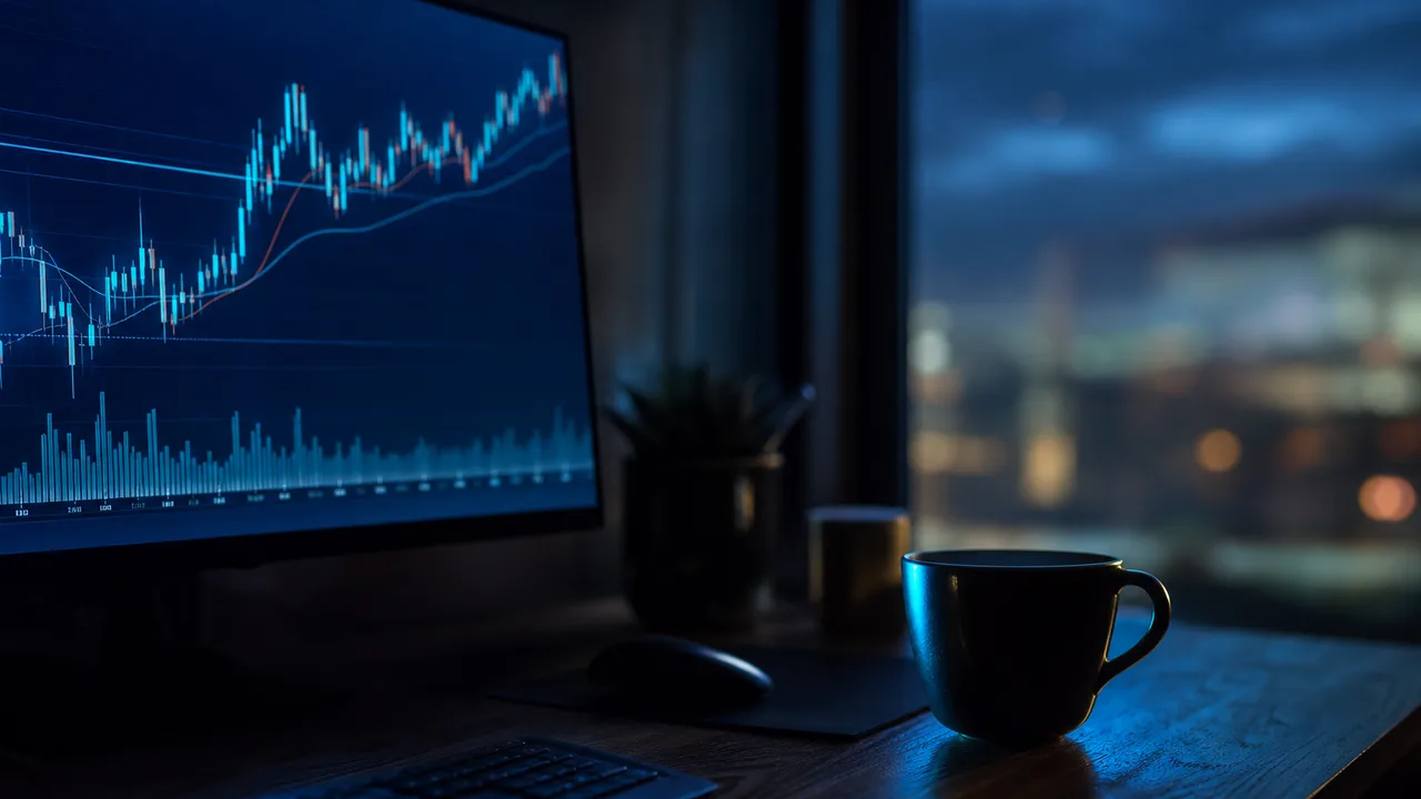 Écran affichant un graphique de cours de cryptomonnaie dans une pièce sombre, tôt le matin, lumière bleutée de l'écran