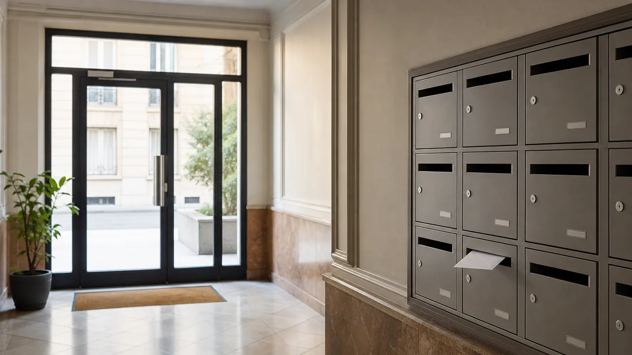 Hall d'entrée d'un immeuble résidentiel avec rangée de boîtes aux lettres en métal, une enveloppe dépassant de l'une d'elles, lumière naturelle douce