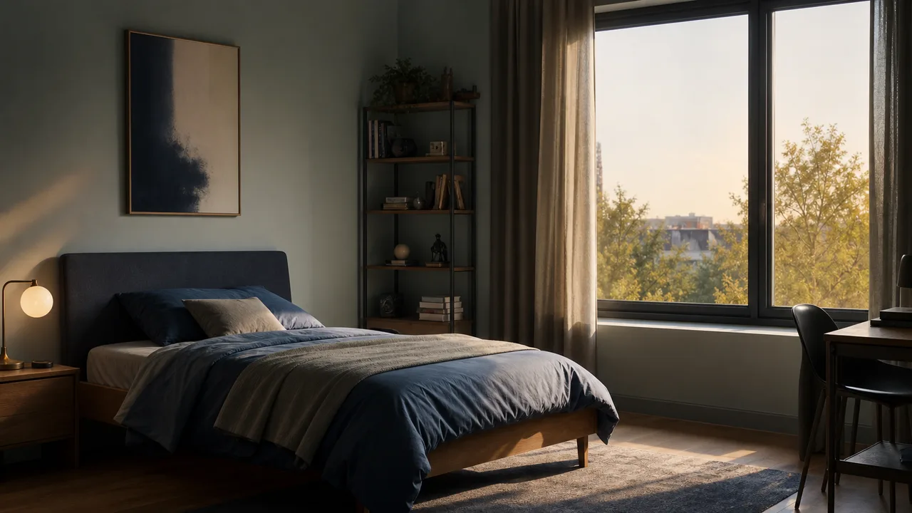 Chambre d'adolescent vide et rangée, lumière naturelle douce entrant par la fenêtre, ambiance calme
