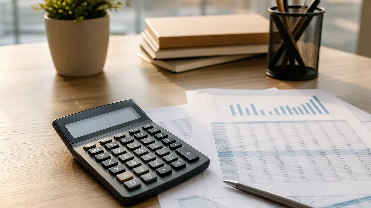 Calculatrice et feuille de calcul posées sur un bureau en bois clair, lumière naturelle douce de bureau