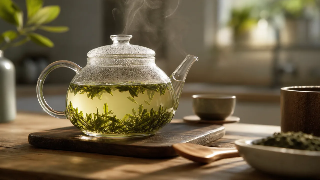 Théière en verre avec du thé vert en cours d'infusion, feuilles visibles, lumière naturelle douce de cuisine