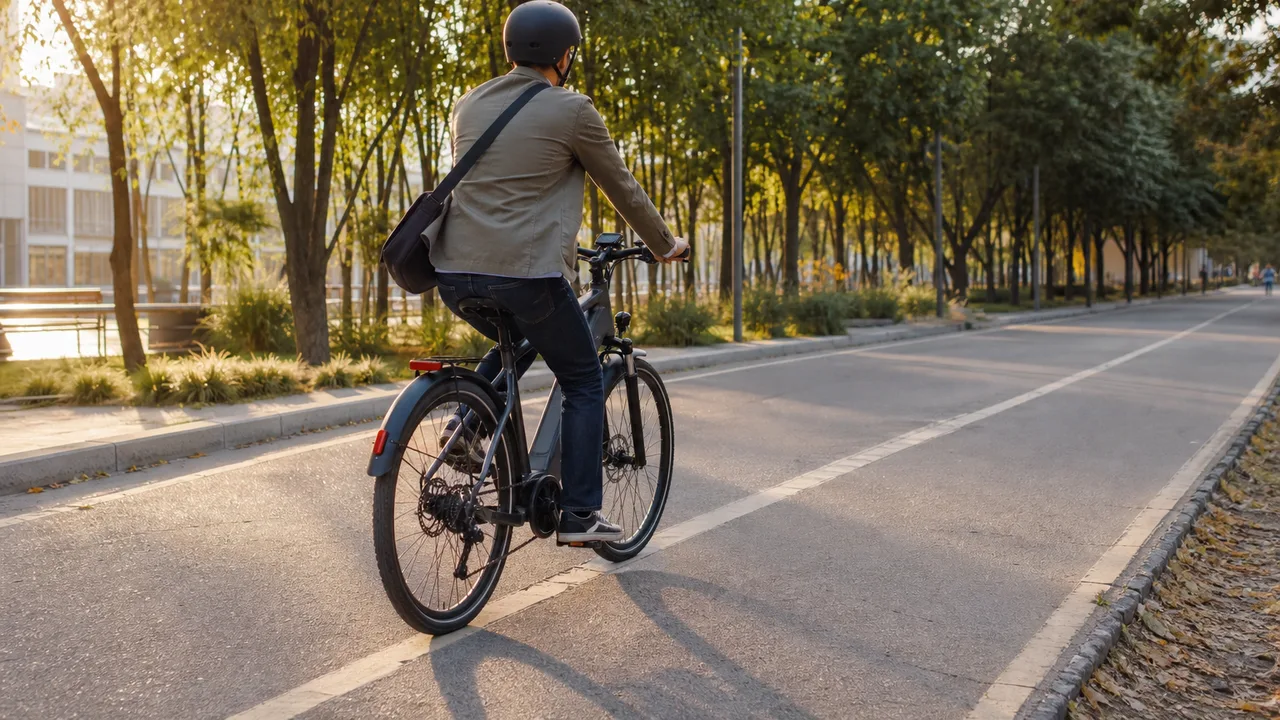 Cycliste roulant sur un vélo électrique sur une piste cyclable en ville, lumière naturelle d'après-midi