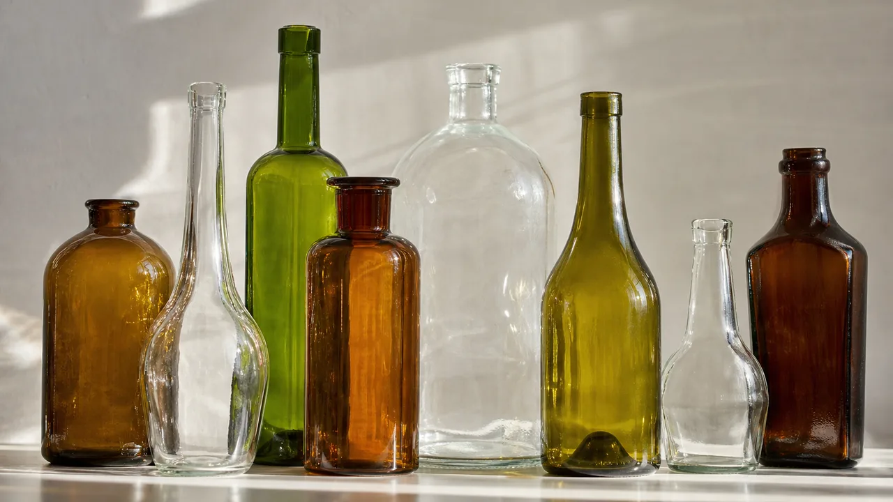 Bouteilles en verre de différentes couleurs alignées, lumière naturelle douce, ambiance recyclage soignée