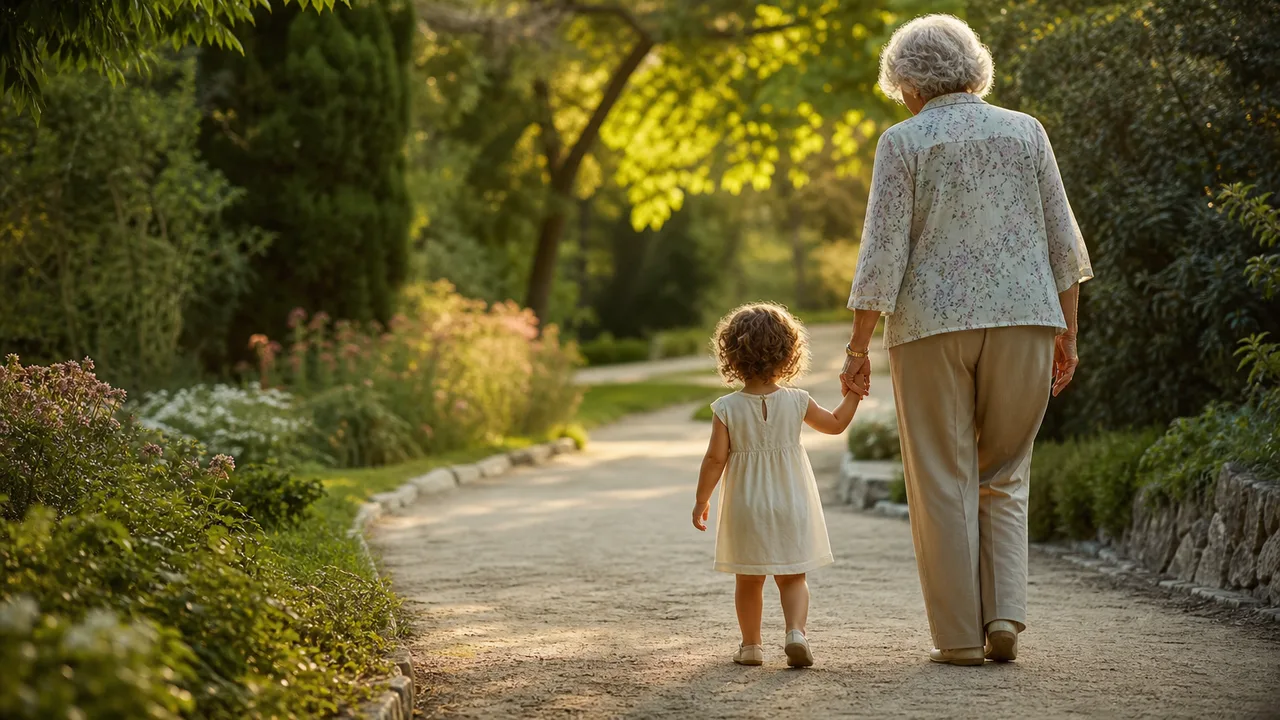 Grand-parent tenant la main d'un enfant dans un parc, lumière naturelle douce d'après-midi