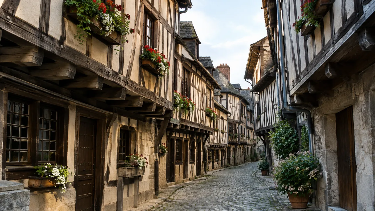 Rue pavée bordée de maisons anciennes à colombages légèrement penchées, étages en avancée au-dessus de la rue, lumière douce du matin