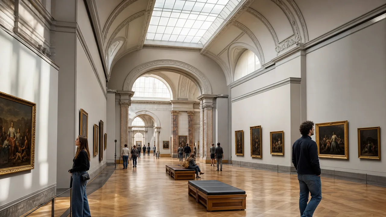 Visiteurs déambulant dans une grande salle de musée baignée de lumière naturelle, tableaux accrochés aux murs