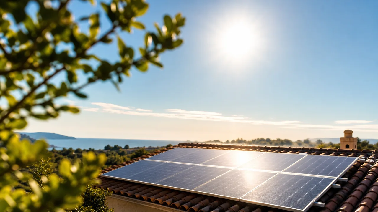 Panneaux solaires sur un toit sous un ciel d'été très lumineux, chaleur visible en léger flou thermique