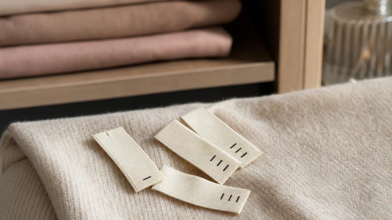 Étiquettes de vêtements avec différentes tailles posées sur un tissu, lumière naturelle douce de dressing