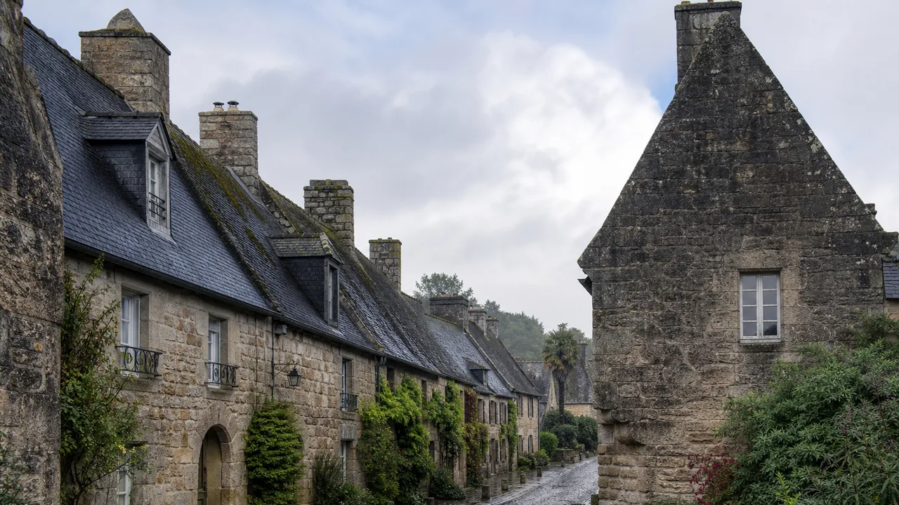 Village breton aux toits d'ardoise très pentus au premier plan, sous un ciel nuageux, lumière naturelle douce