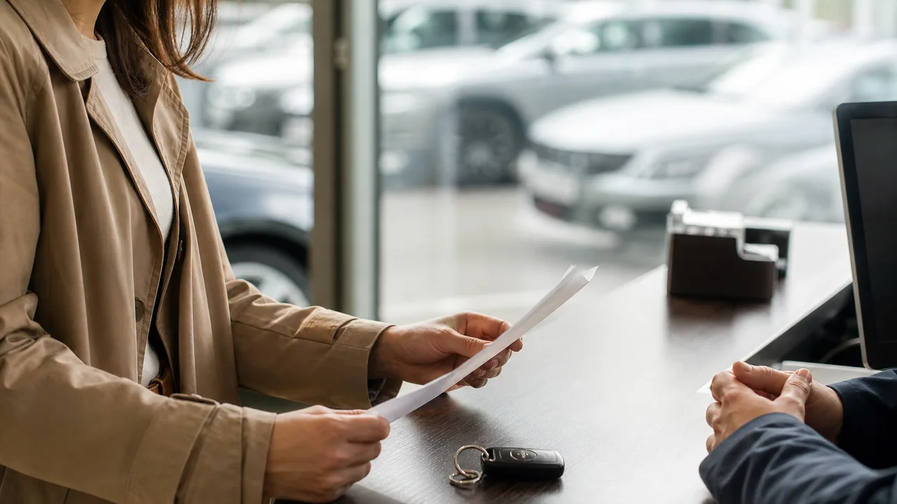 Personne au comptoir d'une agence de location de voiture examinant un contrat, clés de voiture posées sur le comptoir, lumière naturelle douce