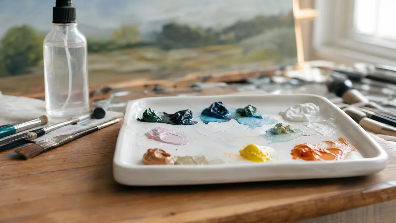 Palette de peinture couverte de noisettes de couleurs acryliques fraîches, pinceaux et vaporisateur d'eau sur une table d'atelier, lumière naturelle de fenêtre