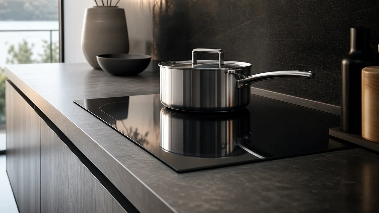 Plaque de cuisson vitrocéramique noire dans une cuisine moderne, lumière naturelle douce reflétée sur la surface
