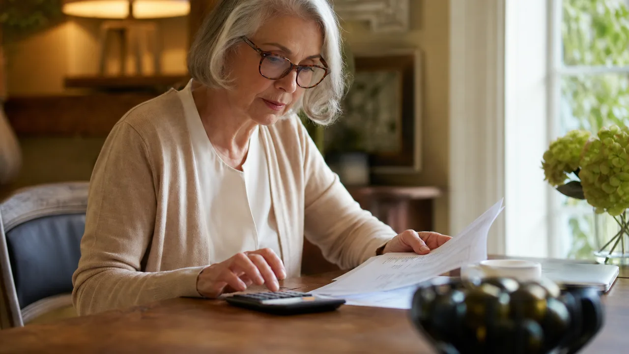 Personne âgée consultant son relevé de carrière et une calculatrice sur une table, lumière naturelle douce, ambiance sereine