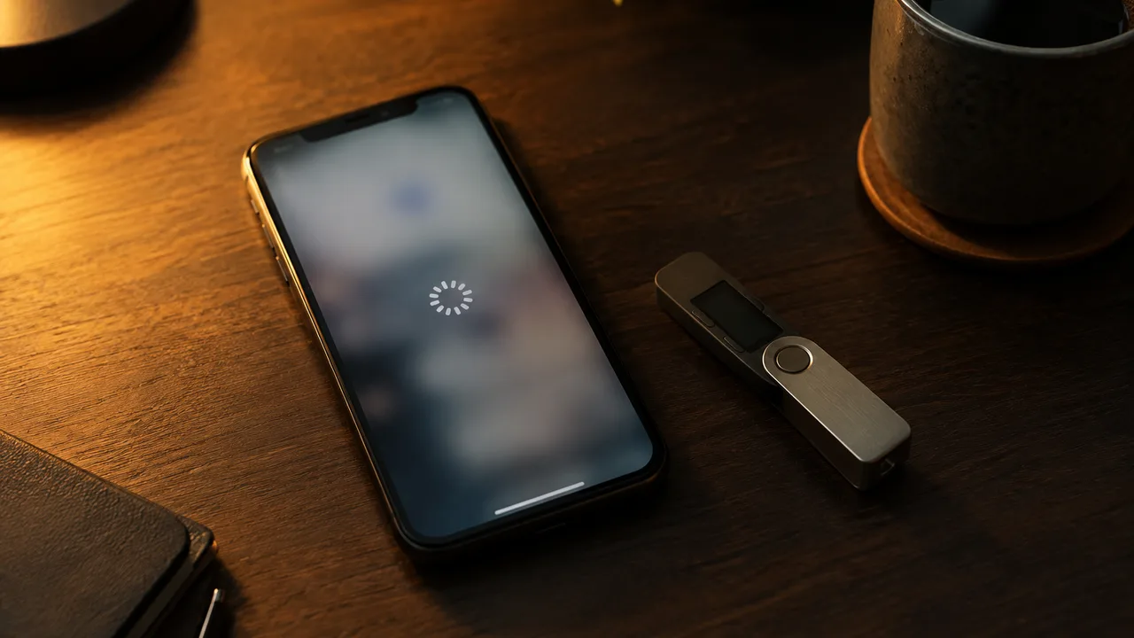 Smartphone posé sur un bureau à côté d'un portefeuille matériel de cryptomonnaies et d'une tasse de café, écran flou affichant une icône de chargement, lumière douce du soir