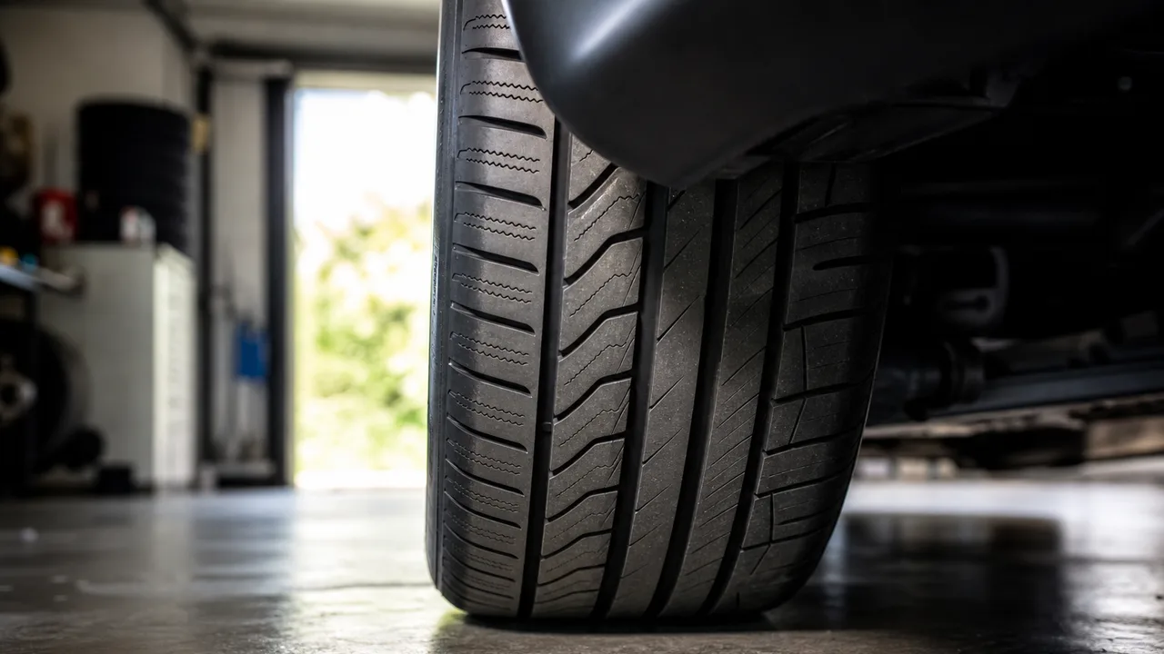 Gros plan sur la bande de roulement d'un pneu de voiture, lumière naturelle douce de garage, ambiance mécanique