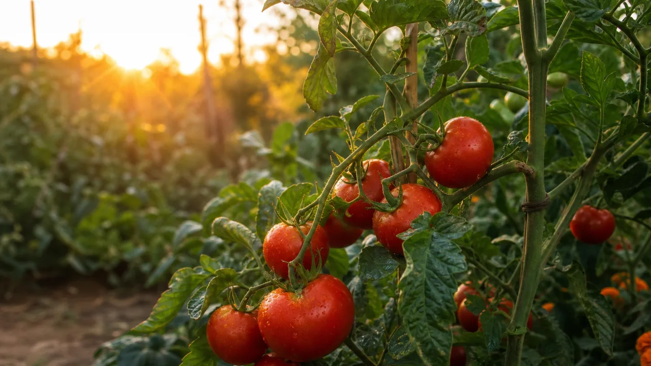 Plant de tomates avec fruits rouges mûrs dans un potager, lumière naturelle chaude de fin de journée