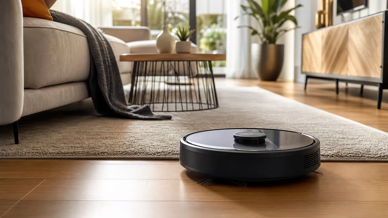 Aspirateur robot en train de nettoyer un salon lumineux, lumière naturelle douce, intérieur moderne