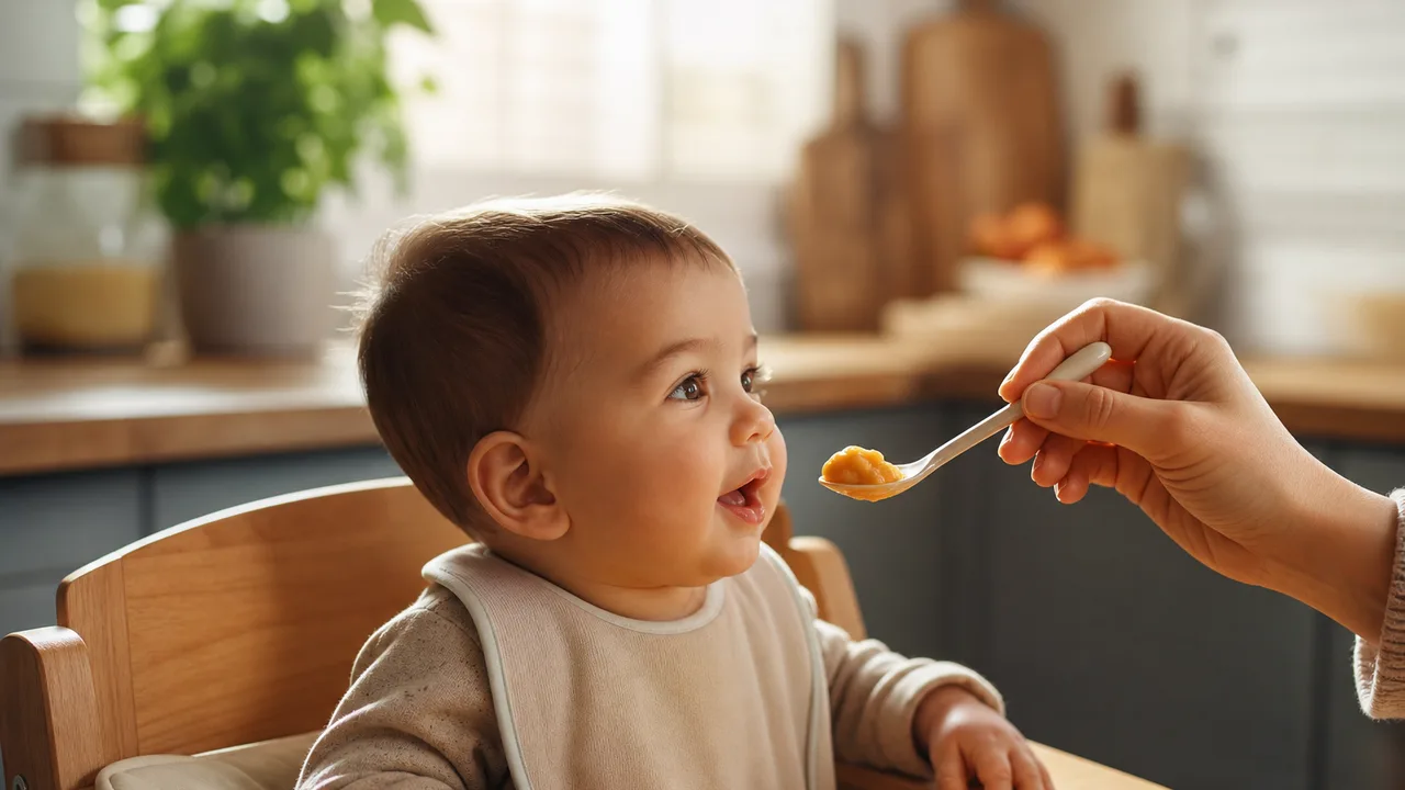 Bébé assis dans une chaise haute, petite cuillère de purée présentée devant lui, lumière naturelle douce de cuisine